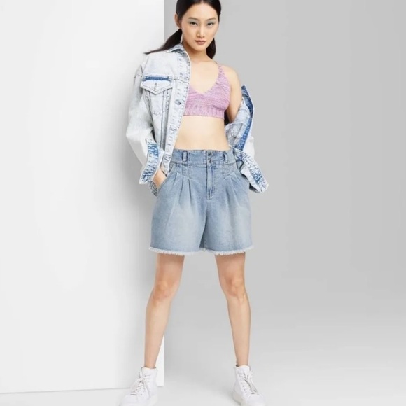 WILD Fable Womens Highest Rise A-Line Denim Shorts Pleated Raw Hem Lt. Blue - Picture 1 of 11